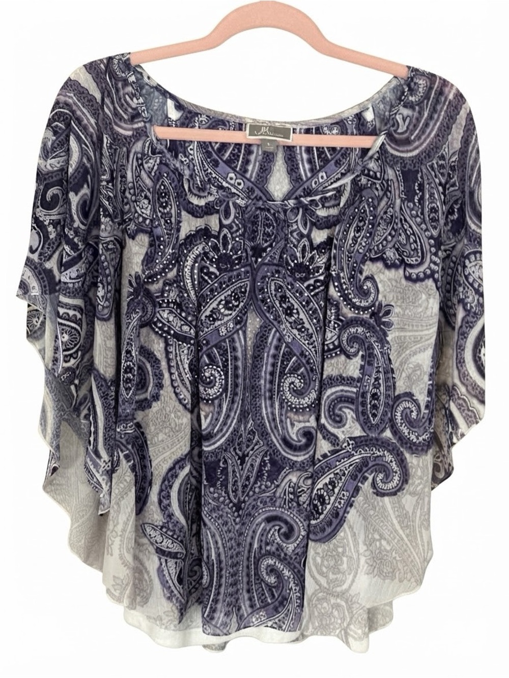 JM Collection Navy and White Paisley Flutter-Sleeve Blouse with Rhinestones.